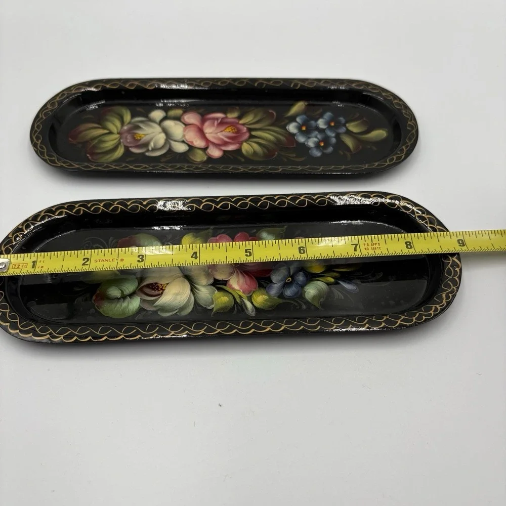 Two (2) Zhostovo Hand painted Russian Metal Decorative Trinket Tray Flowers
